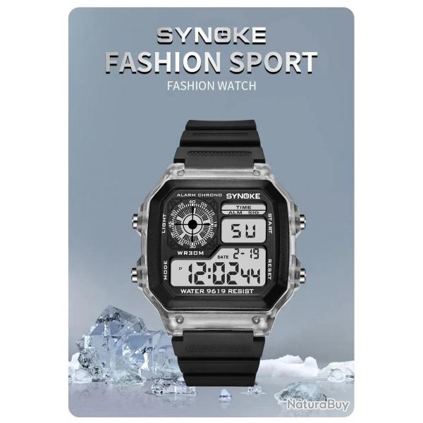 SYNOKE Montre numrique digitale tanche Sport Noir Blanc Transparent