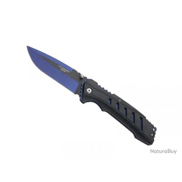 Couteau Herbertz ABS NOIR/BLEU 12CM  lame bleue/noire acier 420  cran intrieur et  bouton double