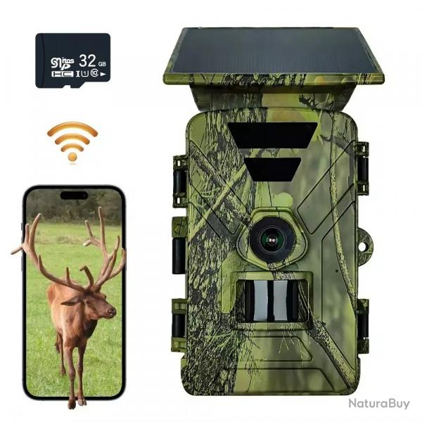 Camra de Chasse Solaire 4K WiFi Bluetooth Vision Nocturne 32 Go App Mobile Autonome avec Batterie