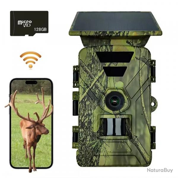 Camra de Chasse Solaire 4K WiFi Bluetooth Vision Nocturne 128 Go App Mobile Autonome