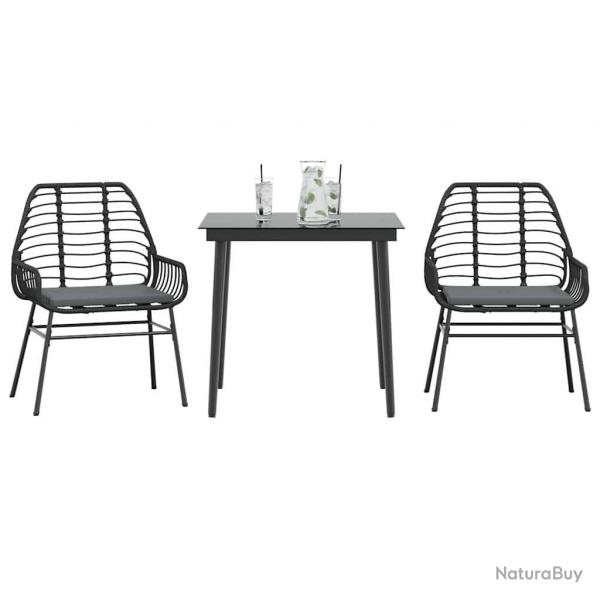 Ensemble  manger de jardin et coussins 3 pcs noir rotin verre