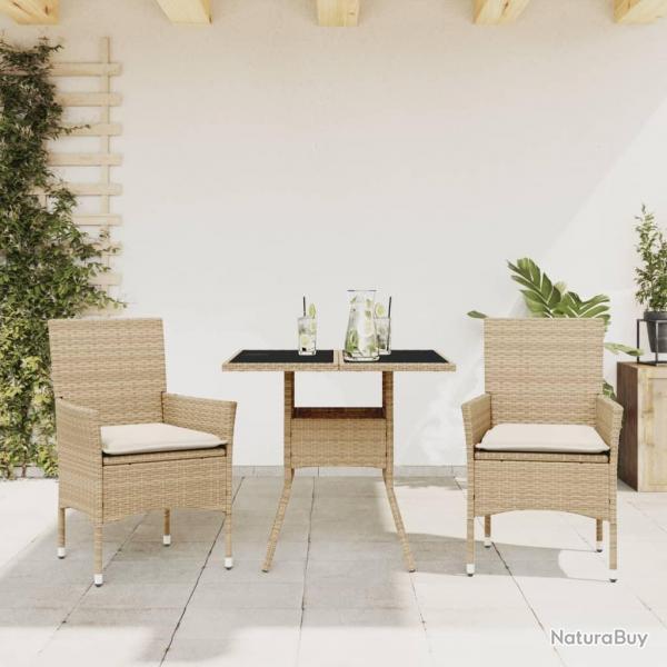 Ensemble  manger de jardin et coussins 3 pcs beige rotin verre