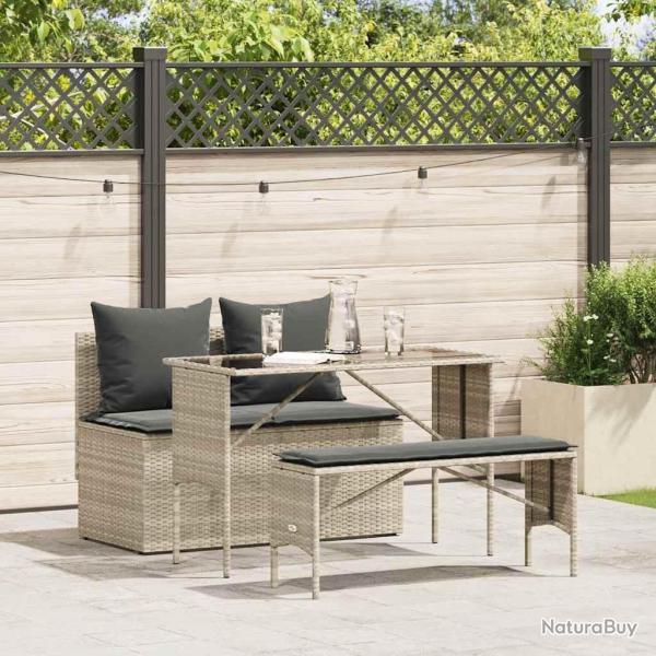 Ensemble  manger de jardin 3pcs coussins gris clair poly rotin