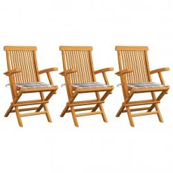 Chaises de jardin coussins à carreaux gris lot de 3 Teck massif