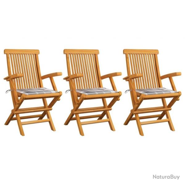 Chaises de jardin coussins  carreaux gris lot de 3 Teck massif