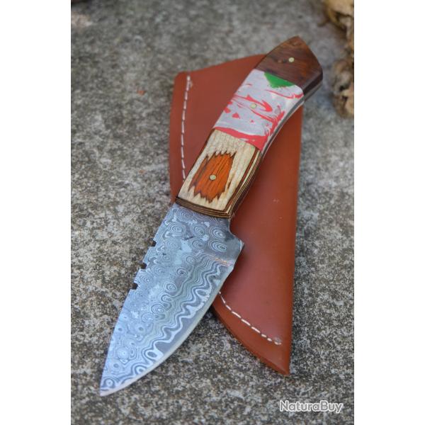 Couteau Skinner Damas Lame Drop Point Acier 256 Couches Manche Bois/Rsine Etui Cuir Fabr Artisanale