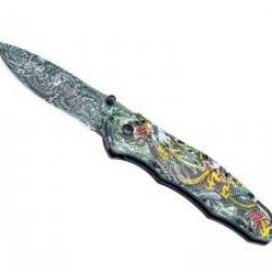 Couteau CJH ALUMINIUM INOX DECOR DRAGON CHINOIS lame acier 420 à cran intérieur et à bouton double