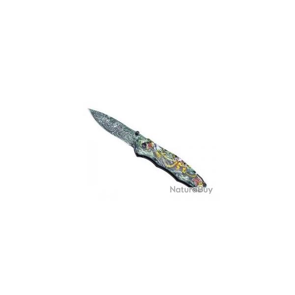 Couteau CJH ALUMINIUM INOX DECOR DRAGON CHINOIS lame acier 420  cran intrieur et  bouton double
