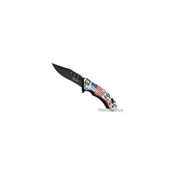 Couteau CJH ABS CARTE ROUTE 66 INOX NOIR  lame noire acier 420 avec  flipper 