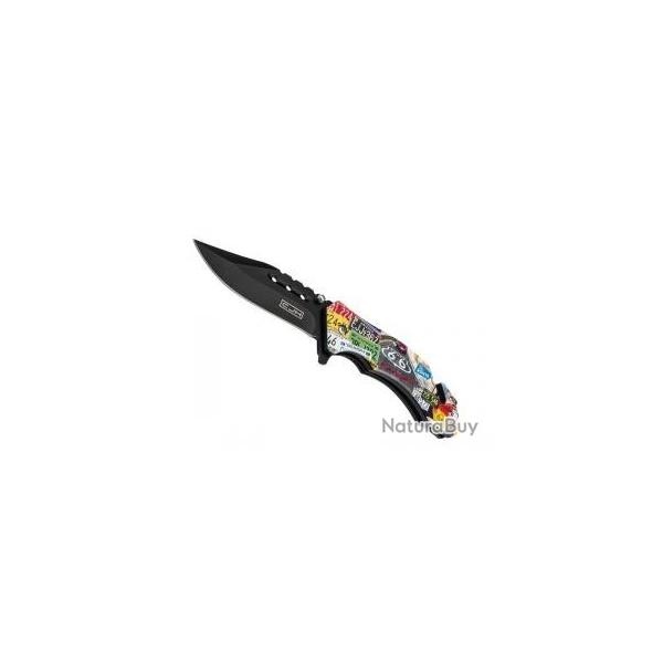 Couteau CJH ABS PLAQUES ROUTE 66 INOX NOIR  lame noire acier 420 avec  flipper 