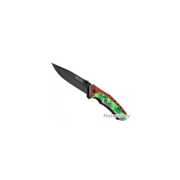 Couteau CJH ABS DECOR BOIS/CAMO INOX NOIR  lame noire acier 420  cran intrieur et  bouton double