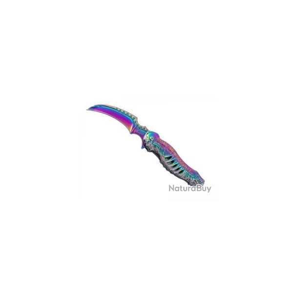 Couteau CJH ARC-EN-CIEL  INOX lame noire acier 420 avec  flipper  et cran intrieur
