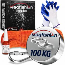 Aimant de Pêche Neodyme Puissant - 100KG avec Corde (20M) et Gants - Kit de Pêche