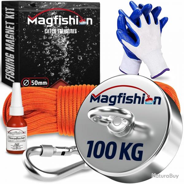 Aimant de Pche Neodyme Puissant - 100KG avec Corde (20M) et Gants - Kit de Pche