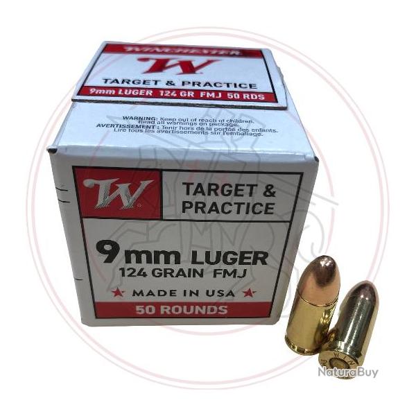 CARTOUCHES WINCHESTER TARGET & PRACTICE - FMJ - CAL: 9mm luger (9x19mm) - 124GRS - BOITE DE 50 UNIT