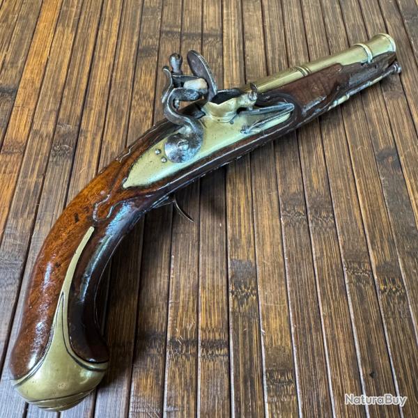 PISTOLET A SILEX D'OFFICIER DE MARINE PLATINE SILEX EN BRONZE CANON GRAV ET TROMBLON EN BRONZE