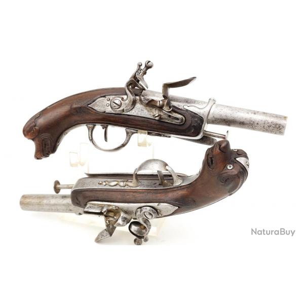 PAIRE DE PISTOLETS  SILEX CHIEN DE MER MARINE MILITAIRE VERS 1770 / 1780 - FRANCE ANCIENNE MONARCHI