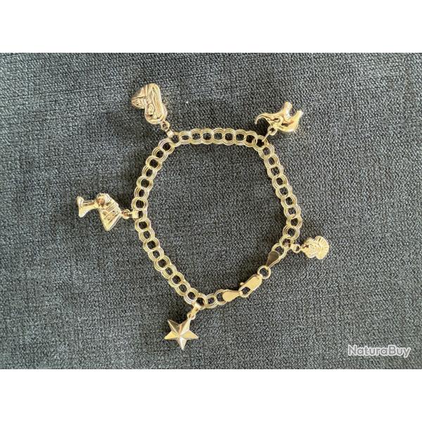 Bracelet en or massif 14 carats - charms - breloques - 19 cm