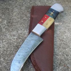 Couteau de Druide Damas Lame 256 Couches Manche Bois & Os Fabr Artisanale Etui Simili Cuir