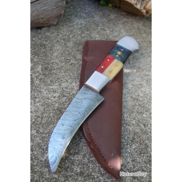 Couteau de Druide Damas Lame 256 Couches Manche Bois & Os Fabr Artisanale Etui Simili Cuir