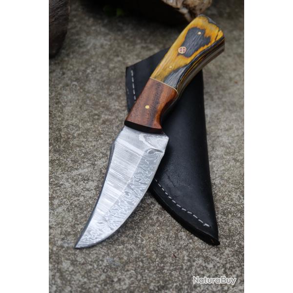 Couteau Skinner Damas Lame Upswept Acier 256 Couches Manche Bois Tigre Etui Cuir Fabr Artisanale