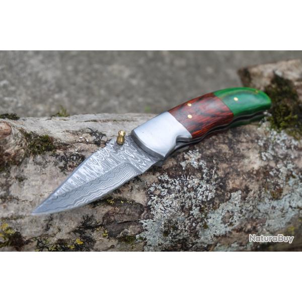 Beau Couteau Damas Lame Drop Point Acier 128 Couches Manche Bois Mitres Acier Fabric Artisanale
