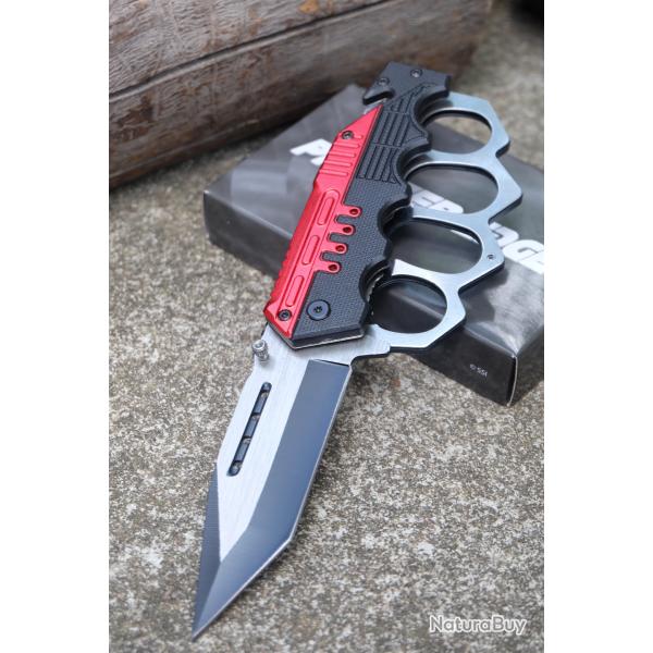 Couteau de Black Bloc Poing Amricain Semi Automatique Lame Tanto Manche Black Brise Vitres Cutter