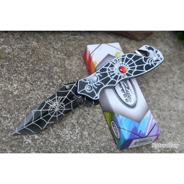 Couteau de Spyderman Lame Tanto Semi-Serrated Finition Noire Acier Inox Manche ABS Noir Linerlock