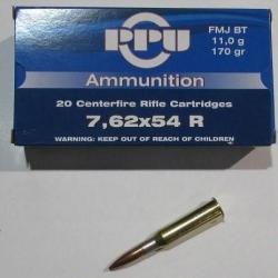 5 boites neuve de 20 cartouches Partizan  de calibre 7,62x54R, 170 grains , FMJ-BT