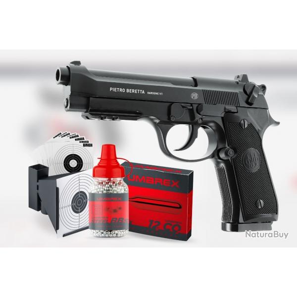 Pack Pistolet BERETTA M92A1 co2 cal.4.5 + porte cible + cibles + 5 co2+ billes