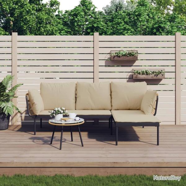 Salon de jardin 3 pcs avec coussins beiges rsine tresse