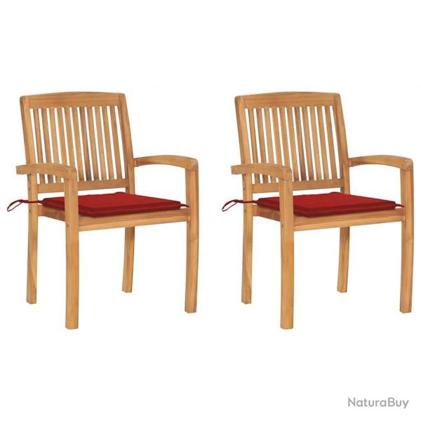 Chaises de jardin lot de 2 et coussins rouge Bois teck massif