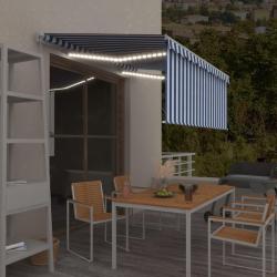 Auvent manuel rétractable et store et LED 3x2,5 m Bleu et blanc