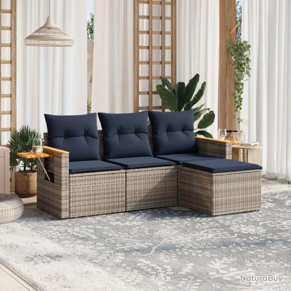 Salon de jardin 4 pcs avec coussins gris rsine tresse