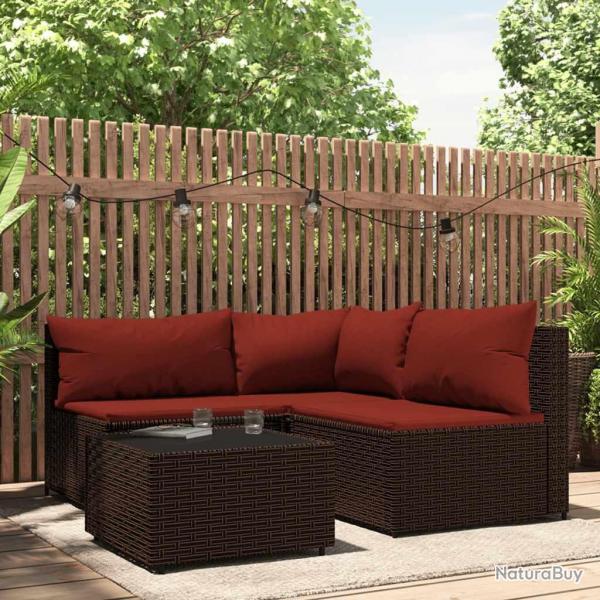 Salon de jardin 4 pcs avec coussins Marron Rsine tresse