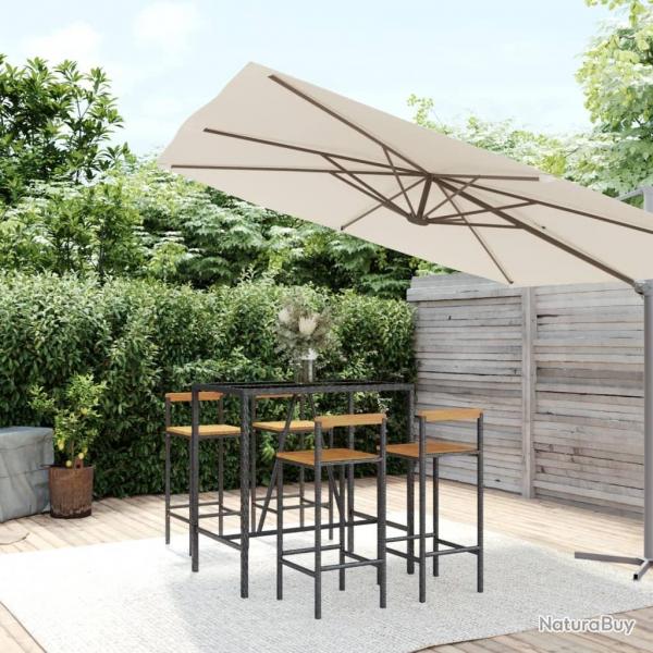 Ensemble de bar jardin 5 pcs noir poly rotin/bois massif acacia
