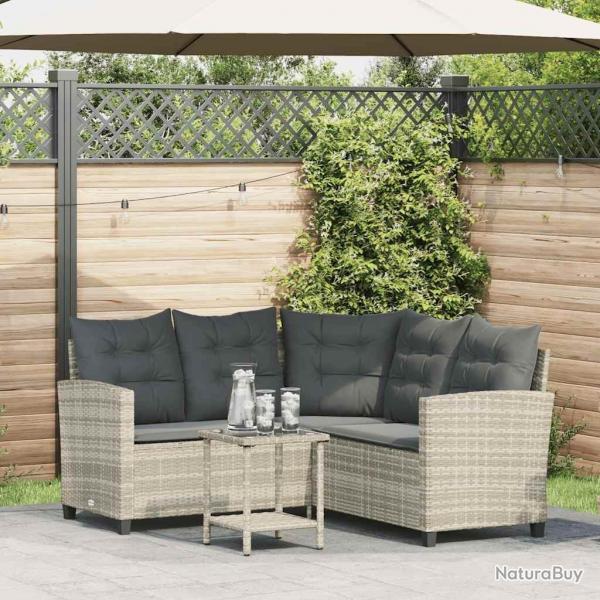 Canap de jardin table et coussins en forme de L gris clair