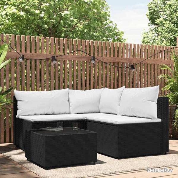 Salon de jardin 4 pcs avec coussins Noir Rsine tresse