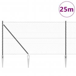 Clôture hexagonalegrise 1,4x25 m acier, Poteaux de clôtureavec pointe 13 pcs Ø32 mm 160 cm en acier 