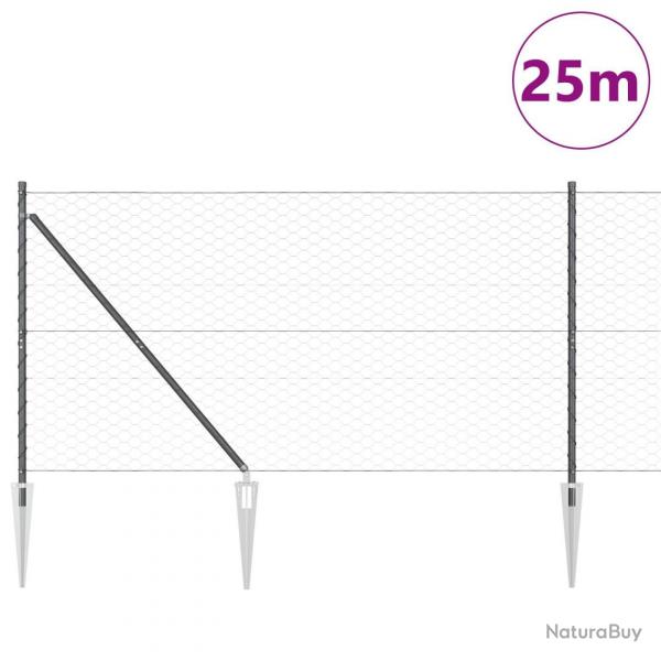 Clture hexagonalegrise 1,4x25 m acier, Poteaux de cltureavec pointe 13 pcs 32 mm 160 cm en acier 