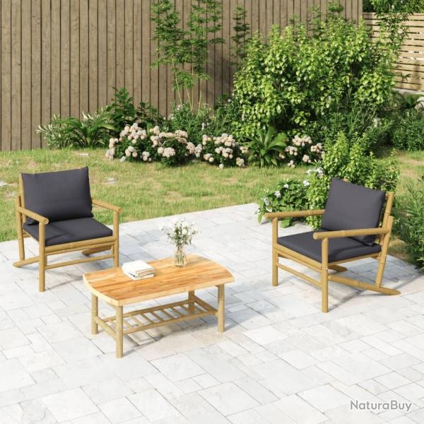 Salon de jardin 3 pcs avec coussins gris fonc bambou