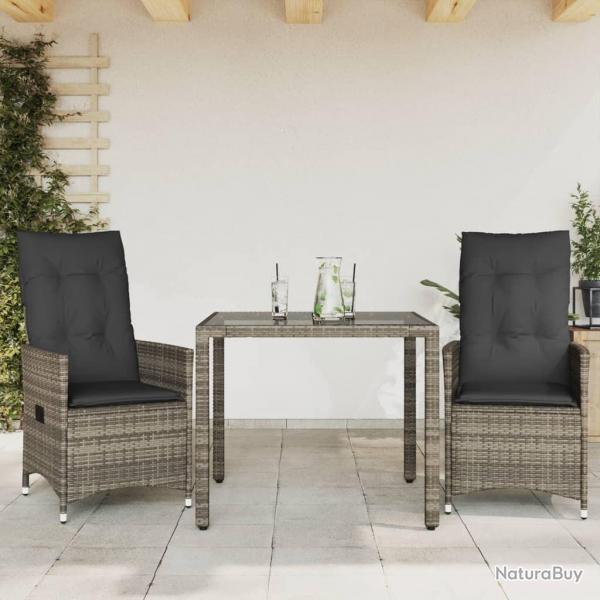 Ensemble de bistro 3 pcs avec coussins gris rsine tresse