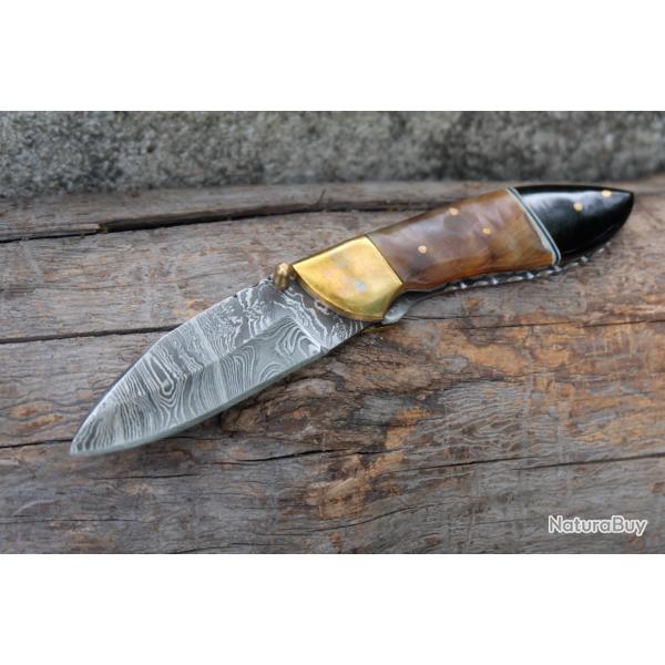Beau Couteau Damas Lame Sheepfoot 128 Couches Manche Blier & Rsine Fab Artisanale Linerlock01