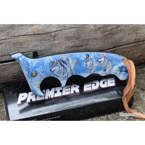 Couteau De Trappeur Defender Semi Automatique Lame Acier 420 Noire Manche Motif Loups Linerllock