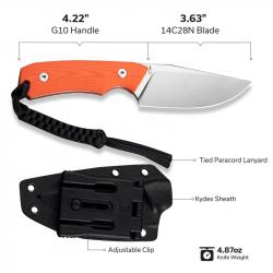 Couteau de Survie Bushcraft Civivi Gander Orange Lame Acier 14C28N Manche G10 Étui Kydex CIVC24058B1