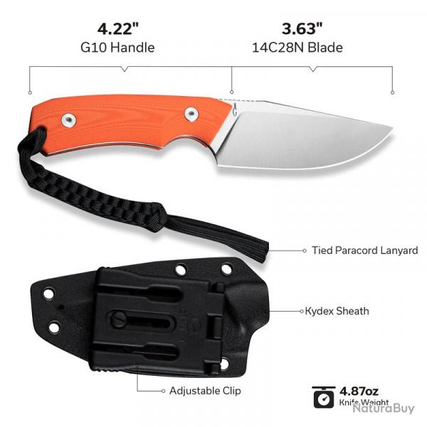 Couteau de Survie Bushcraft Civivi Gander Orange Lame Acier 14C28N Manche G10 tui Kydex CIVC24058B1