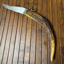 COUTEAU DE COLLECTION TARRY LEVIGNE A PALME MANCHE EN BOIS CHEVREUIL FRANCE THIERS DEBUT 1900