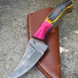 Couteau Skinner Damas Lame Upswept Acier 256 Couches Manche Fushia/Tigre Etui Cuir Fabr Artisanale