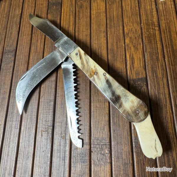 COUTEAU FRANAIS VINTAGE COLLECTOR DUMAS AN TRENTE-DEUX 32 MULTI LAMES CORNE ET OS