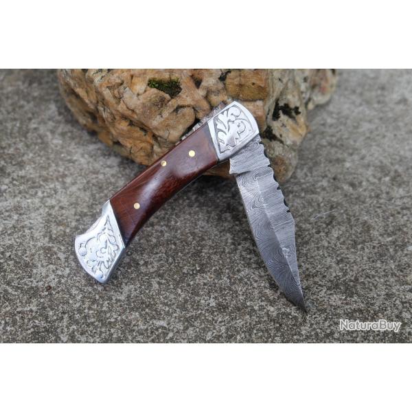 Couteau Lame Damas 128 Couches Style Buck 112 Manche Rosewood Fabr Artisanale Scurit Lockback